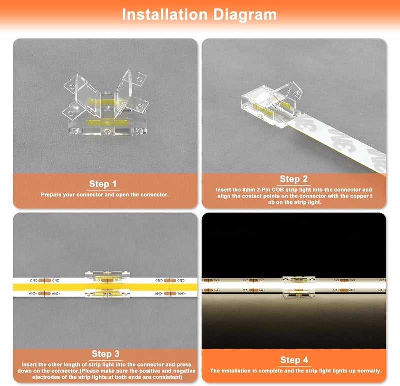 MIWISE 8mm COB LED Strip Connectors Kit, L-Shaped/Corner/T-Shaped/Cross Connectors, Strip-to-Strip & Extension Connectors with DC Female Plug, for DIY Lighting Projects, 5V/12V/24V - Image 4